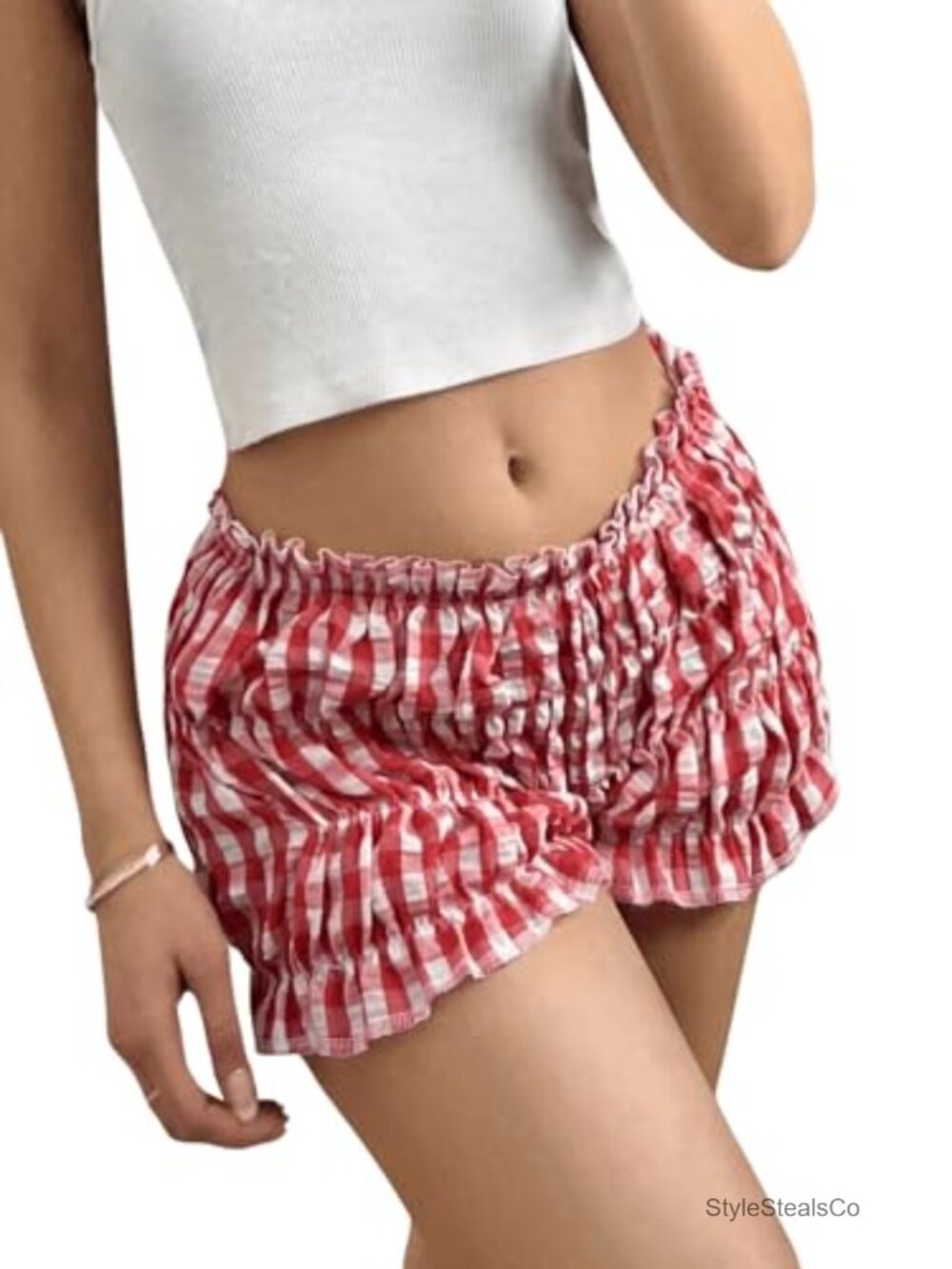Y2K Gingham Ruffle Low Rise Elastic Waist Pleated Casual Shorts